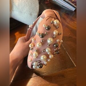 Faux Pearl-Embellished Pink Knot Headband - Women